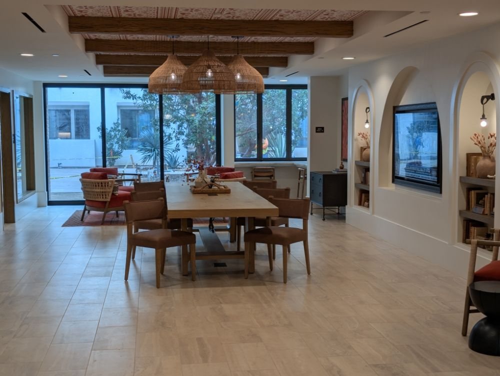 A newly built dining room with pendant lights